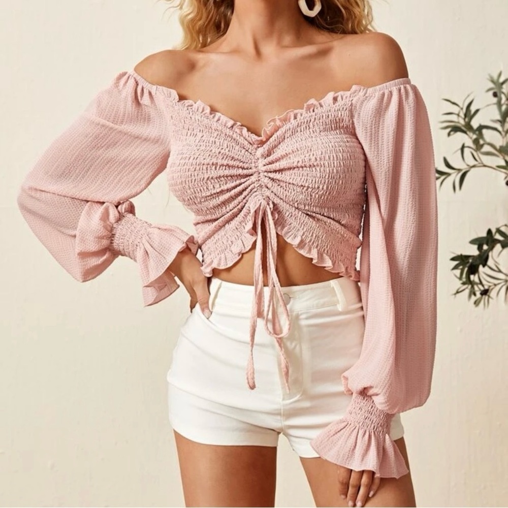 SHEIN Flounce Sleeve Off Shoulder Frill Trim Drawstring Top - Pink, Size L